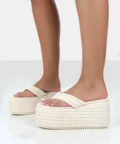 Public Desire UK NELL ECRU TERRY TOWELLING PLATFORM WEDGE FLIP FLOP SANDALS 7 Public Desire UK NELL ECRU TERRY TOWELLING PLATFORM WEDGE FLIP FLOP SANDALS