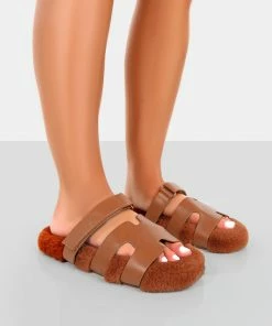 Public Desire UK Hot Fuzz Tan Borg Cut Out Flat Sandals FLATS