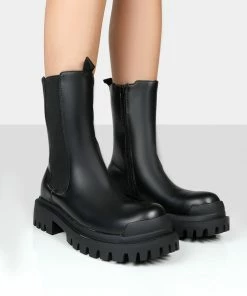 Public Desire UK Ebene Black PU Chunky Sole Chelsea Ankle Boots