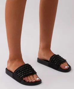 Public Desire UK Bounce Black Diamante Sliders In Black