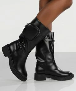 Public Desire UK Evoke Black Pocket Detail Calf Height Boot Ankle Boots