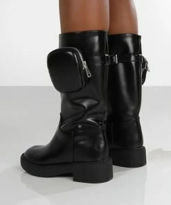 Public Desire UK Evoke Black Pocket Detail Calf Height Boot Ankle Boots