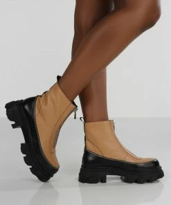 Public Desire UK Direction Tan Pu Zip Front Chunky Sole Ankle Boot