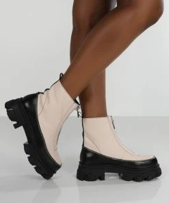 Public Desire UK Direction Bone Pu Zip Front Chunky Sole Ankle Boot