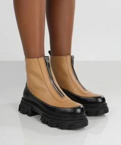 Public Desire UK Direction Tan Pu Zip Front Chunky Sole Ankle Boot