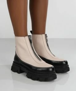 Public Desire UK Direction Bone Pu Zip Front Chunky Sole Ankle Boot