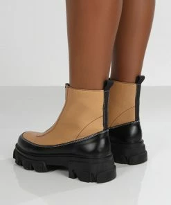 Public Desire UK Direction Tan Pu Zip Front Chunky Sole Ankle Boot