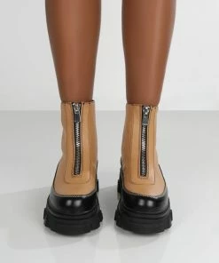 Public Desire UK Direction Tan Pu Zip Front Chunky Sole Ankle Boot