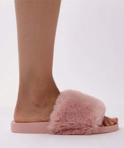 Public Desire UK Sliders Kabuki Slider In Pink Faux Fur