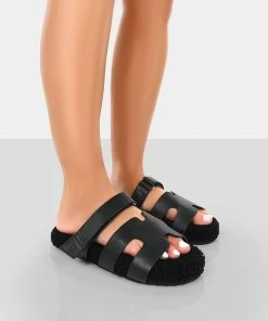 Public Desire UK Hot Fuzz Black Borg Cut Out Flat Sandals