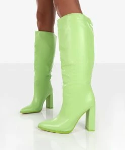 Public Desire UK Far Away Lime Grain PU Square Toe Knee High Boots