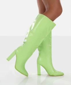 Public Desire UK Far Away Lime Grain PU Square Toe Knee High Boots
