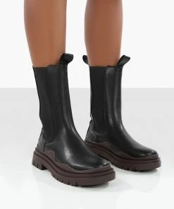 Public Desire UK Cherry Black Chunky Sole Chelsea Ankle Boots Flat Boots