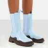Public Desire UK Flat Boots Cherry Blue Chunky Sole Chelsea Ankle Boots
