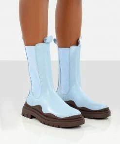 Public Desire UK Flat Boots Cherry Blue Chunky Sole Chelsea Ankle Boots