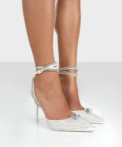 Public Desire UK NEW IN Glisten White Diamante Wrap Around Pointed Toe Court Heels