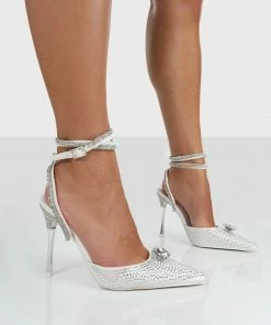 Public Desire UK NEW IN Glisten White Diamante Wrap Around Pointed Toe Court Heels
