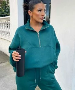 Public Desire UK Oversized Half Zip Sweatshirt Forest Green