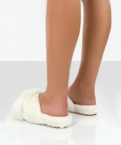 Public Desire UK Hug Cream Faux Fur Cross Over Strappy Flat Sandals Slippers