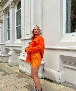 Public Desire UK Oversized Pocket Poplin Shirt Orange KAIIA CLOTHING