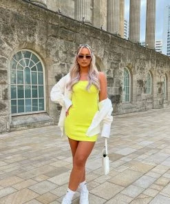 Public Desire UK KAIIA CLOTHING Strappy Mini Curved Hem Dress Lime