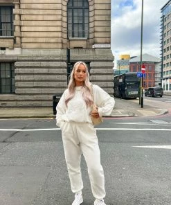 Public Desire UK Tonal Embroidery Joggers Ecru KAIIA CLOTHING