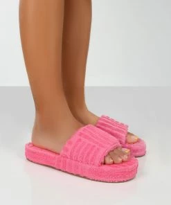 Public Desire UK FLATS JUICY PINK TERRY TOWELLING SLIDER SLIPPERS