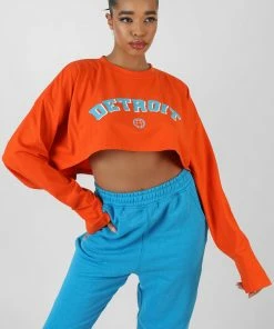 Public Desire UK KAIIA CLOTHING Detroit Super Cropped Long Sleeve T-Shirt Orange