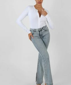 Public Desire UK Front Button Long Sleeve Ribbed Bodysuit White