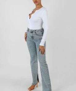 Public Desire UK Front Button Long Sleeve Ribbed Bodysuit White