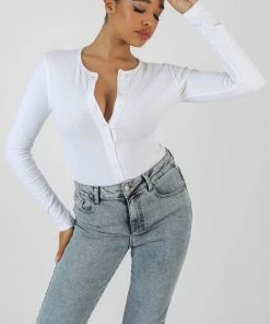Public Desire UK Front Button Long Sleeve Ribbed Bodysuit White