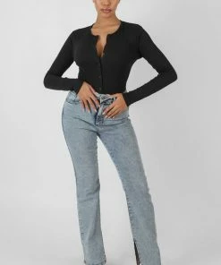Public Desire UK Front Button Long Sleeve Ribbed Bodysuit Black KAIIA CLOTHING