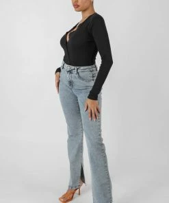 Public Desire UK Front Button Long Sleeve Ribbed Bodysuit Black KAIIA CLOTHING