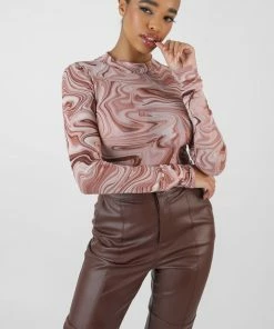 Public Desire UK Printed Mesh High Neck Bodysuit Brown