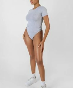 Public Desire UK Crew Neck Cap Sleeve Tshirt Bodysuit Grey Marl