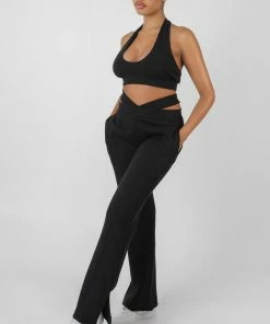 Public Desire UK Super Cropped Halter Neck Ribbed Crop Top Black KAIIA CLOTHING