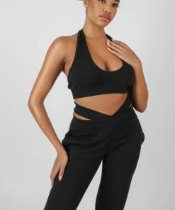 Public Desire UK Super Cropped Halter Neck Ribbed Crop Top Black KAIIA CLOTHING