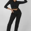 Public Desire UK Button Front Long Sleeve Crop Top Black