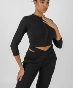 Public Desire UK Button Front Long Sleeve Crop Top Black