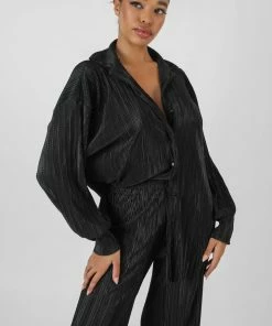 Public Desire UK Oversized Plisse Shirt Black KAIIA CLOTHING
