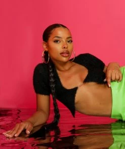 Public Desire UK Kaiia Trim Fluffy Knit Top Black KAIIA CLOTHING