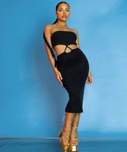 Public Desire UK Strapless Bandeau Cut Out Detail Midi Dress Black KAIIA CLOTHING