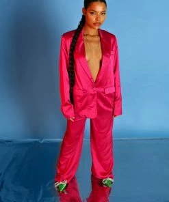 Public Desire UK KAIIA CLOTHING Satin Dad Blazer Pink