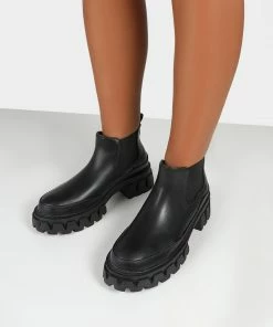 Public Desire UK Ankle Boots KAYA BLACK PU CHUNKY SOLE CHELSEA BOOTS