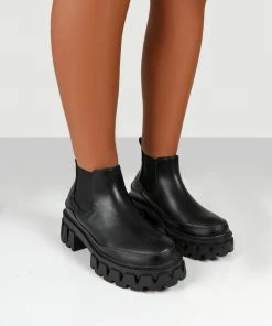 Public Desire UK Ankle Boots KAYA BLACK PU CHUNKY SOLE CHELSEA BOOTS