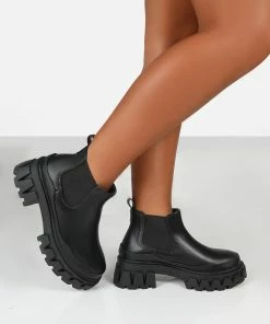 Public Desire UK Ankle Boots KAYA BLACK PU CHUNKY SOLE CHELSEA BOOTS