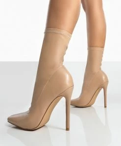 Public Desire UK Lars Nude Pu Sock High Heeled Ankle Boots
