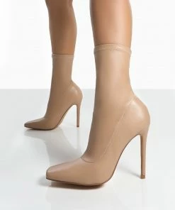 Public Desire UK Lars Nude Pu Sock High Heeled Ankle Boots