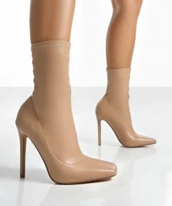Public Desire UK Lars Nude Pu Sock High Heeled Ankle Boots
