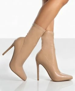 Public Desire UK Lars Nude Pu Sock High Heeled Ankle Boots